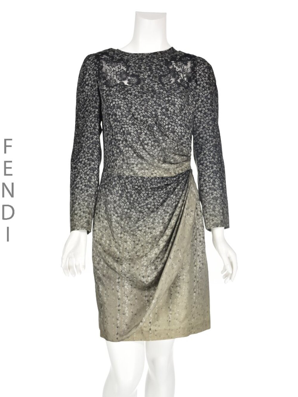 FENDI Black/Gray/Taupe Hombre Floral Silk Partial Wrap Mini Dress, SZ 4